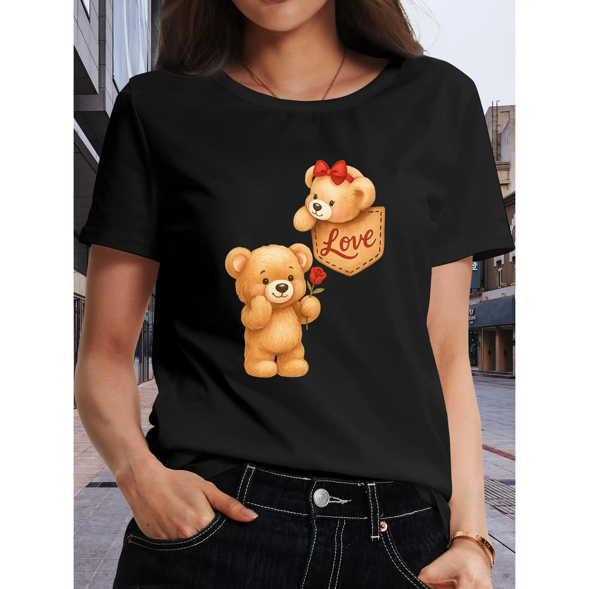 Sweet Bear Love Story T-Shirt |   Cheerful Bears Exchanging Roses And Writing "Love" with Red Bow Decoration - Soft-Textured, Casual Crew Neck Pullover for Couples And Friends, Suitable for All Seasons women tshirt