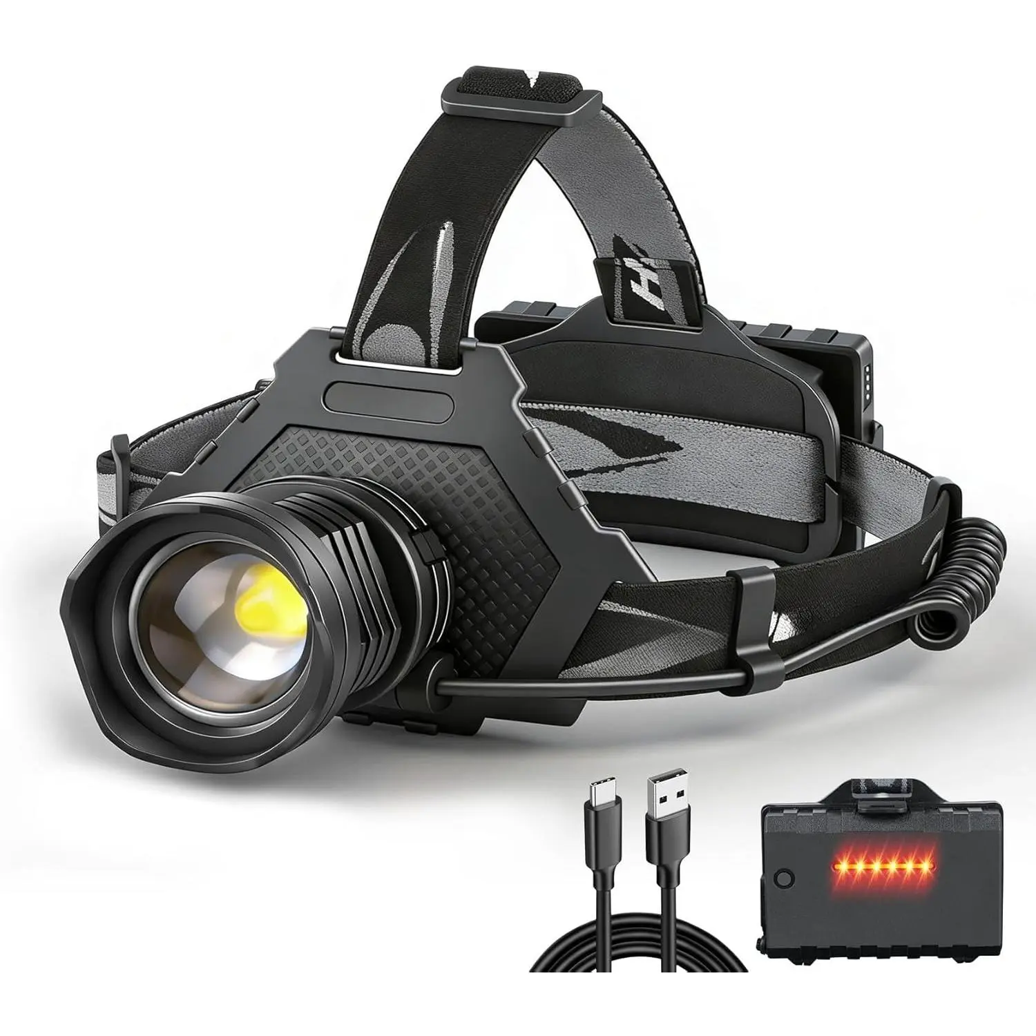 LED Headlamp USB Rechargeable, Head Lamp XHP70 Super Bright 90000 High Lumen with 5 Modes, Batteries Included, Zoomable, Waterproof Headlight  Camping Hunting Running Fishing Biking (Black)