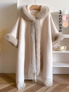 Women's Solid Color Tassel Trim Hooded Cape Shawl, Casual Style Fitted Warm Thick Plush Open Front Cape Shawl for Fall & Winter, Fashion Accessories for Women
