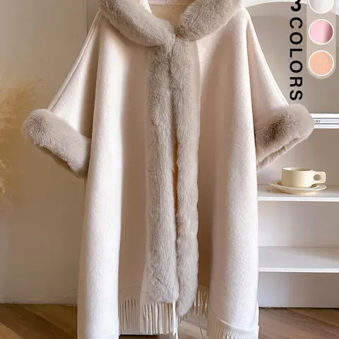 Women's Solid Color Tassel Trim Hooded Cape Shawl, Casual Warm Thick Plush Open Front Cape Shawl for Fall & Winter, Fashion Accessories for Women
