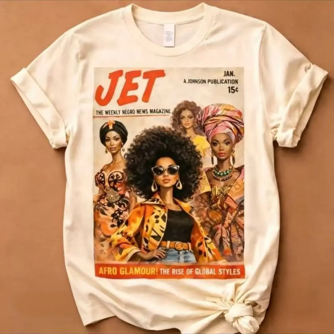 Women's Afro Glamour Vintage Magazine Cotton T-shirt - Afrocentric Artistic Fashion Fall Tops, Casual Basic Fabric Everyday Graphic Tee, Tshirt, Fashion Apparel,Muppet, Fits, Shortsleeve, Retro, Soft, Comfortable