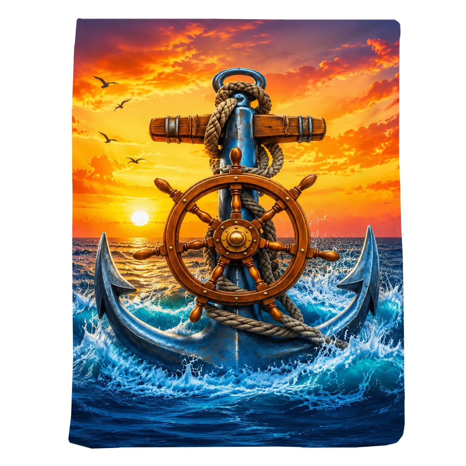 1pc Nautical Anchor Sunset Blanket, Vibrant Coastal Style, Stunning Central Anchor Design with Ropes and Waves, for Living Room Beach House Decor and Nautical Gift