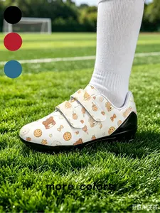 1 Pair Cream Light Brown Cute Pattern Kids Soccer Cleats, Fresh Cozy Sports Style, Easy Velcro Closure & Cushioned Gripping Stud Sole, Athletic Shoes for Kids Daily Football and Outdoor Competition