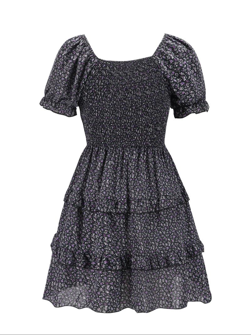 【Plus Size】 Floral Print Frill Trim A Line Dress, Boho Puff Sleeve Shirred Dress for Beach Holiday Vacation, Women's Clothes for Summer