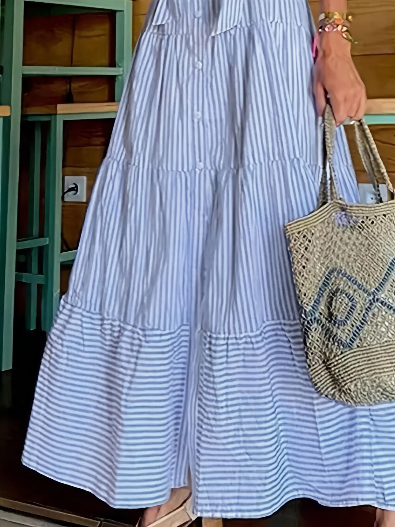 Women's Striped Print Adjustable Belted Button Dress, Elegant Casual Long Dress for Summer, Women's Clothing for Daily Wear, Fit, Womenswear