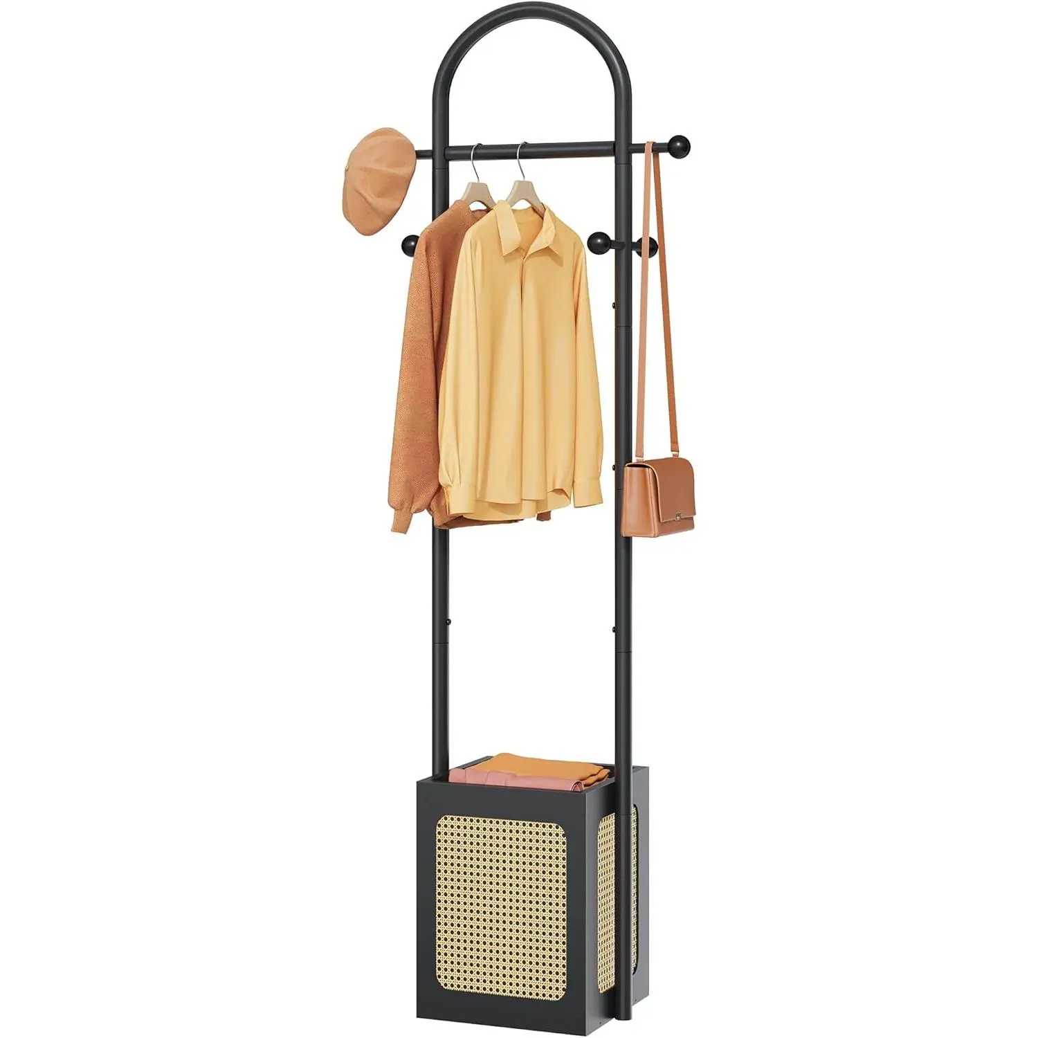 Coat Rack Stand with Wooden Base, Rattan Design Coat Tree, Coat Hanger Stand with 6 Hooks, Small Clothes Rack for Living Room, Bedroom, Office, Black