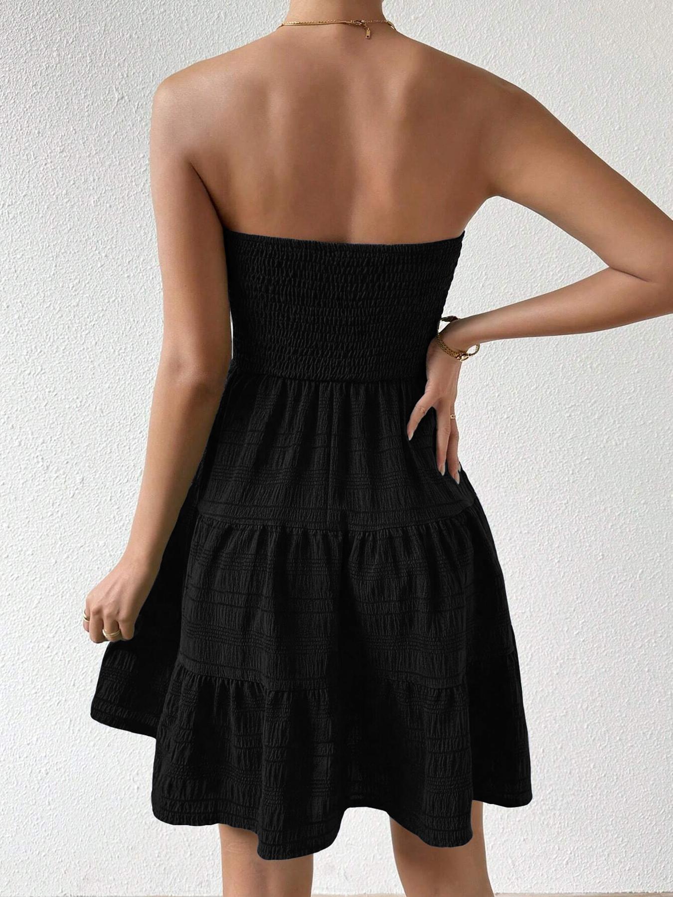 Women's Solid Shirred Frill Ruffle Hem Tube Dress, Fashion Casual Sleeveless Strapless A Line Dress for Daily Outdoor Wear, Women Dress for Summer, Summer Dresses, Womenswear, Lady Formal Elegant Dress