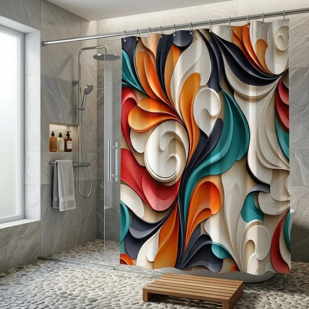Vibrant Abstract Swirling Shower Curtain, Artistic Fluid Ribbon Design, Modern Bathroom Decor, Curved Rod Hanging, Holiday Elegance