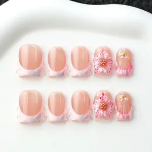 10pcs Handmade Nail Art Stickers, 3D Glitter Nude French Acrylic Gel False Nails, Reusable Durable Nail Glue Set, Y2K Style Gift