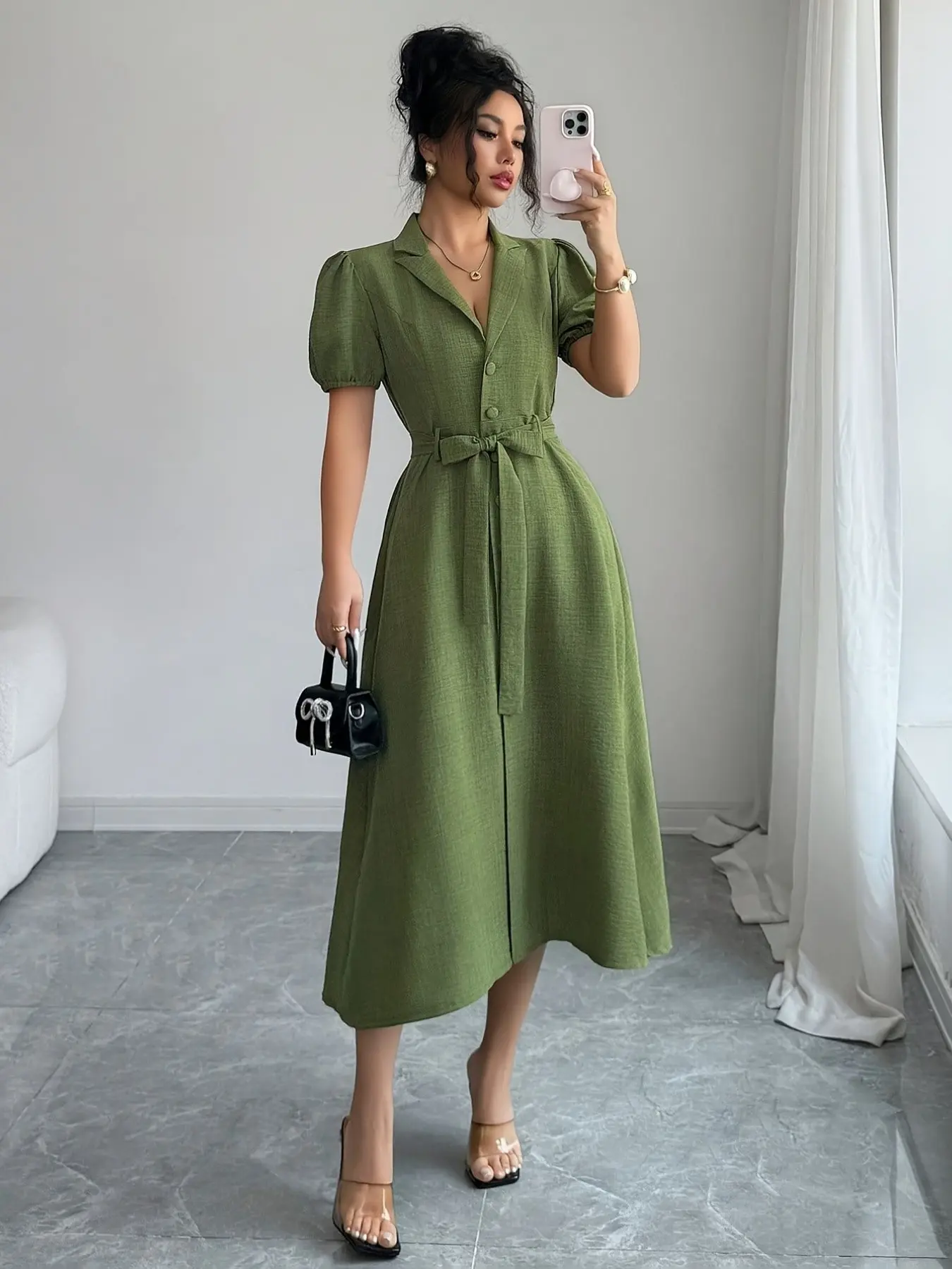 Avocado Suit Dress, Belted Sleeve Dress, Casual Wear, Waist Cinch Tie Belt, Conceals Fat, Slimming Fit Bubble Sleeve, Elegant Long Dress, Perfect for All Seasons