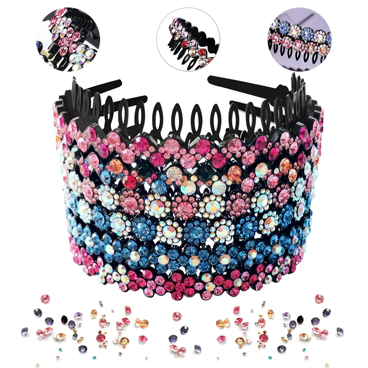 6 Pack Wave Rhinestone  Comb Headbands for Women, Flower  Hairband Hair Hoop with  Non-Slip Hard Plastic 3  (Shiny 6 Colors)
