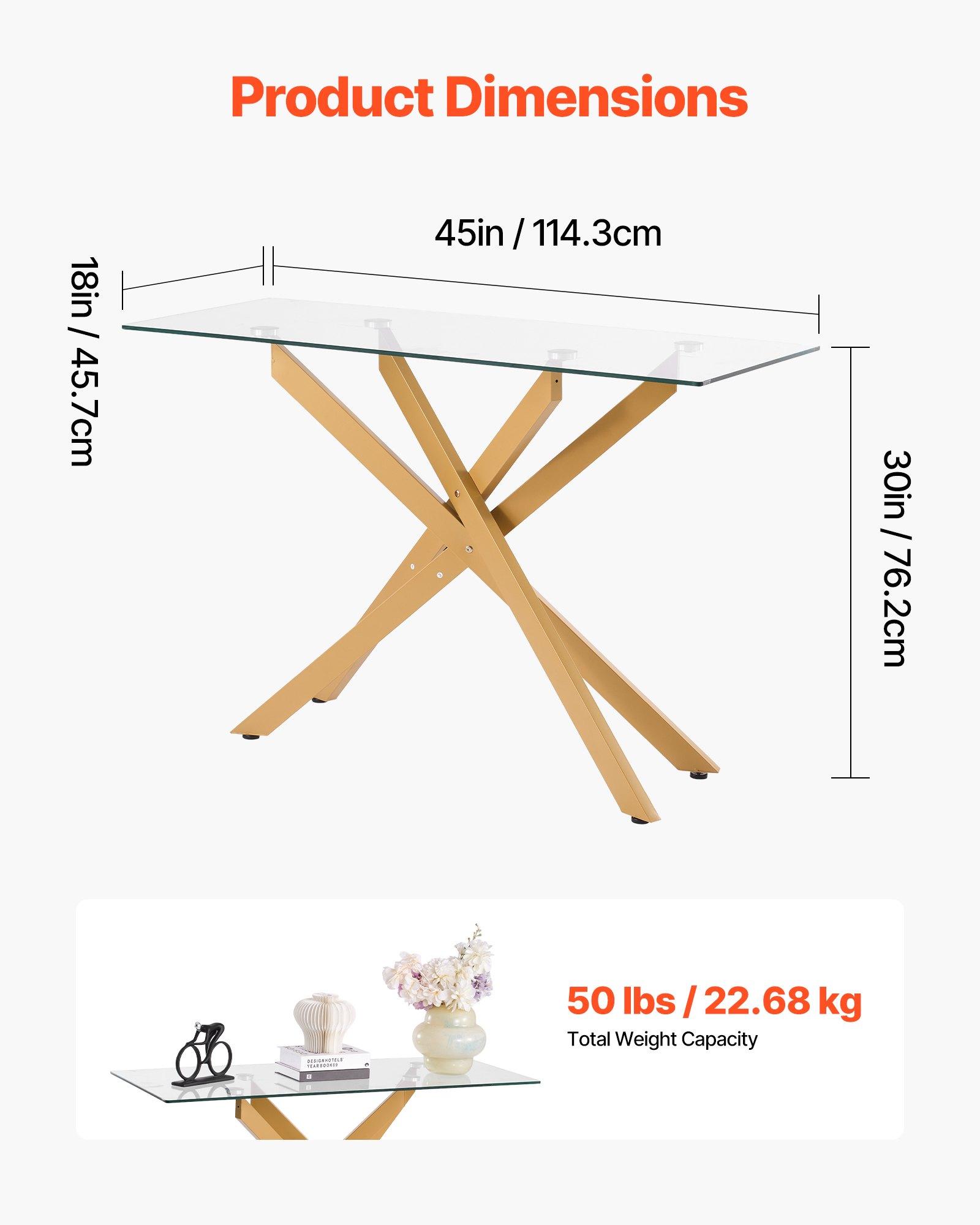 VEVOR Glass Coffee Table, Modern Rectangle Sofa Side Table with Tempered Glass Top & Iron Cross-Legs, Golden Geometric Consloe Desk with Adjustable Anti-slip Foot Pads for Living Room, Entryway, Foyer