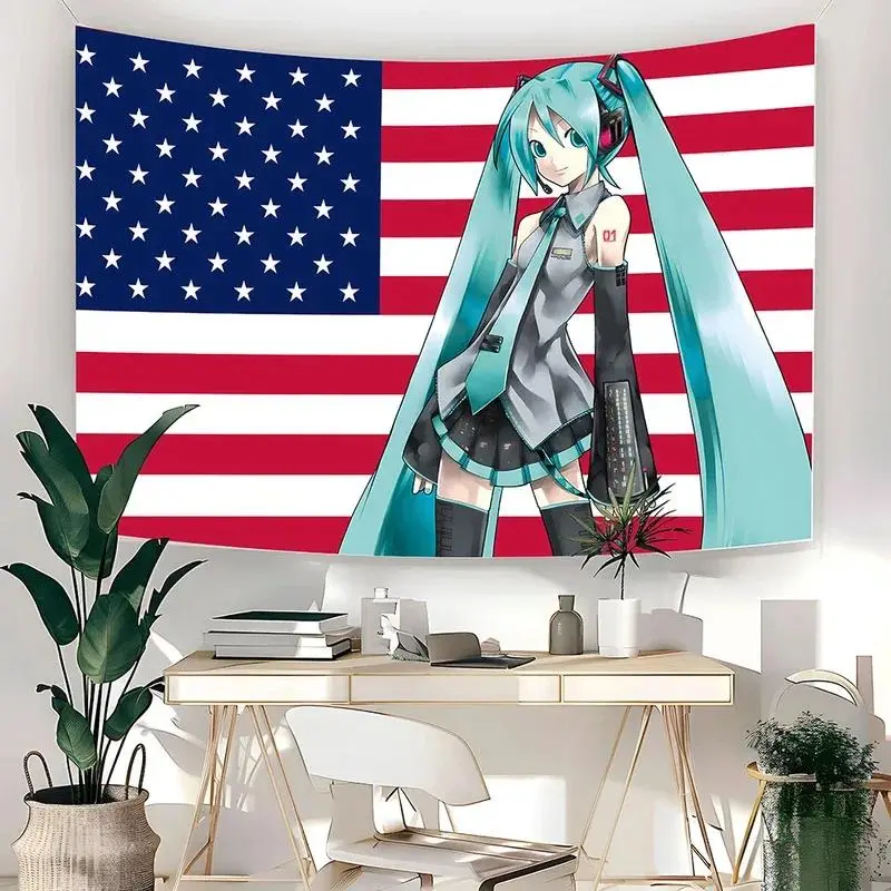 Miku Anime Themed Synthetic Polyester Backdrop - Wrinkle Resistant, Striped Print, Lightweight American Flag Aesthetic Wall Hanging for Anniversary, Christmas Ceremony, Indoor Photo Booths, Bedroom Headboard Decor