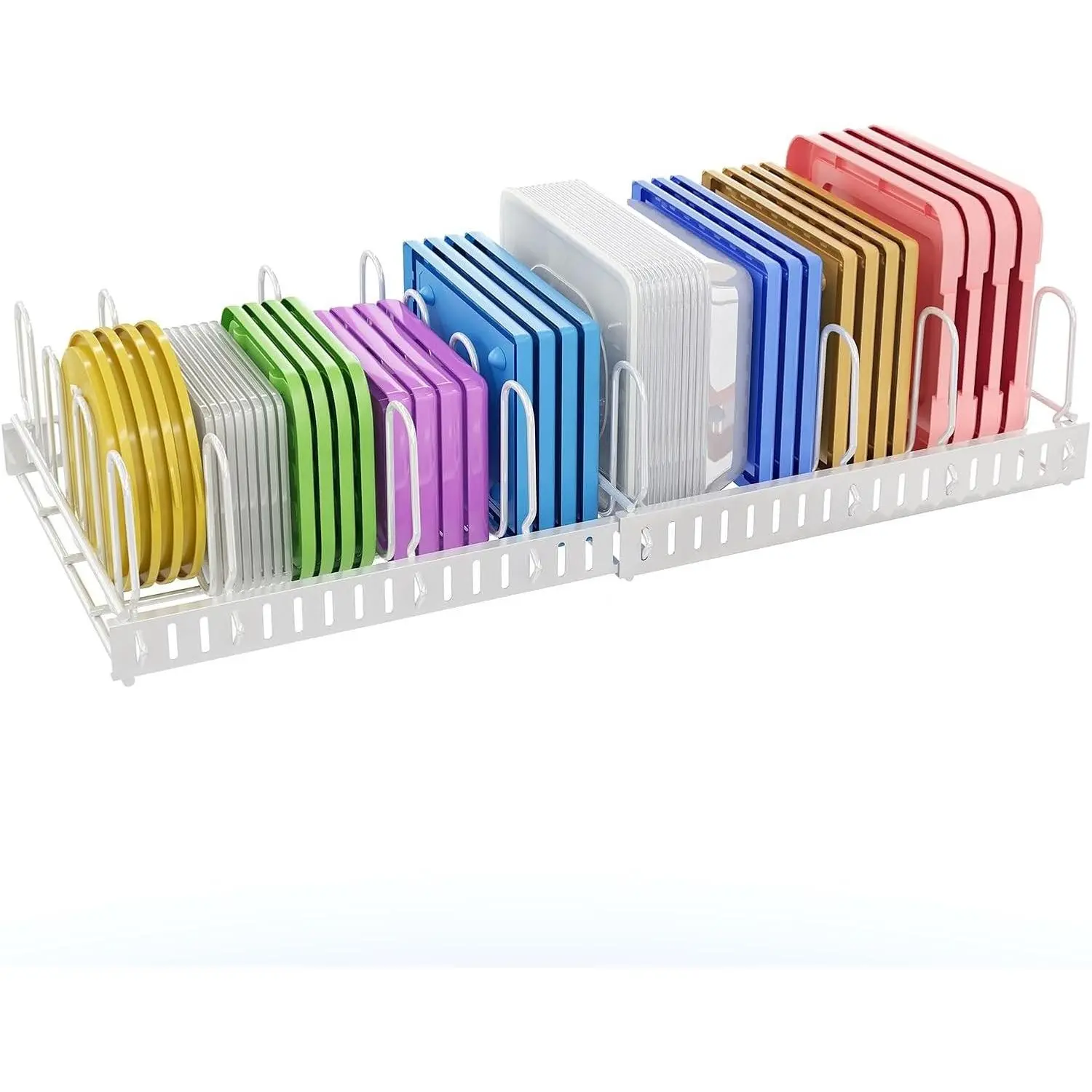 Expandable Food Container Lid Organizer, Large Capacity Adjustable 10 Dividers Detachable Lid Organizer Rack for Cabinets, Cupboards, Pantry Shelves, Drawers to Keep Kitchen Tidy, White