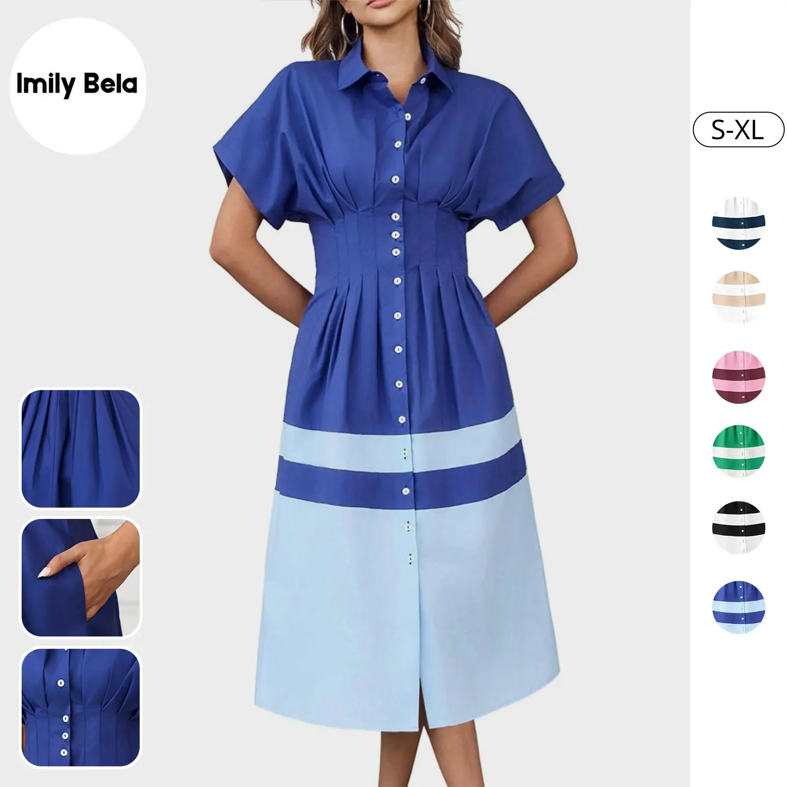 Imily Bela Womens Summer Button Down Shirt Dress Casual Color Block V Neck Short Sleeve Corset Maxi Dresses