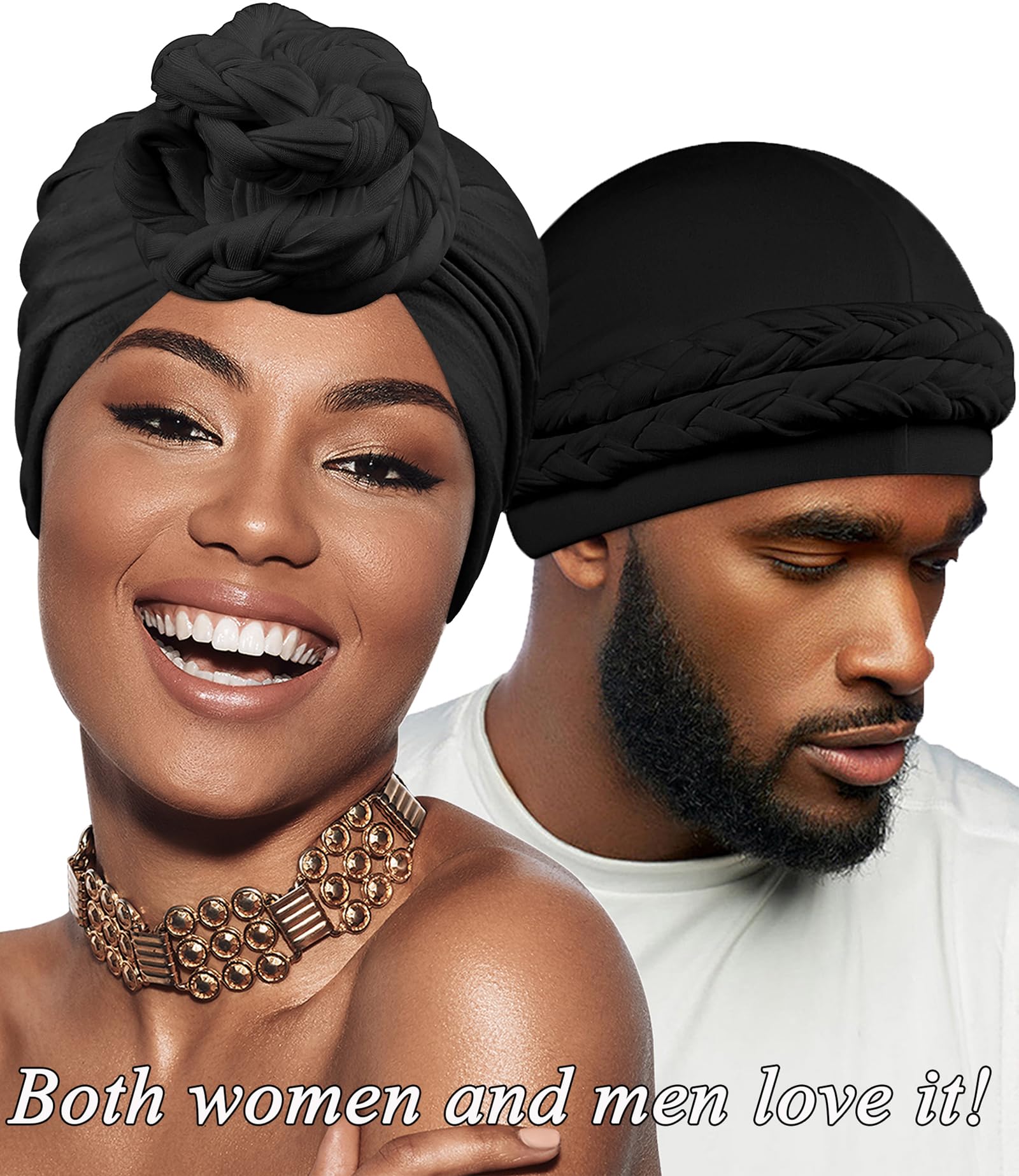 2 Packs Satin Lined Turban for Women & Men - Silky Halo Durag for Waves, Braids, Locs - Comfortable Sleeping Bonnet & Sleep Cap for Hair Protection