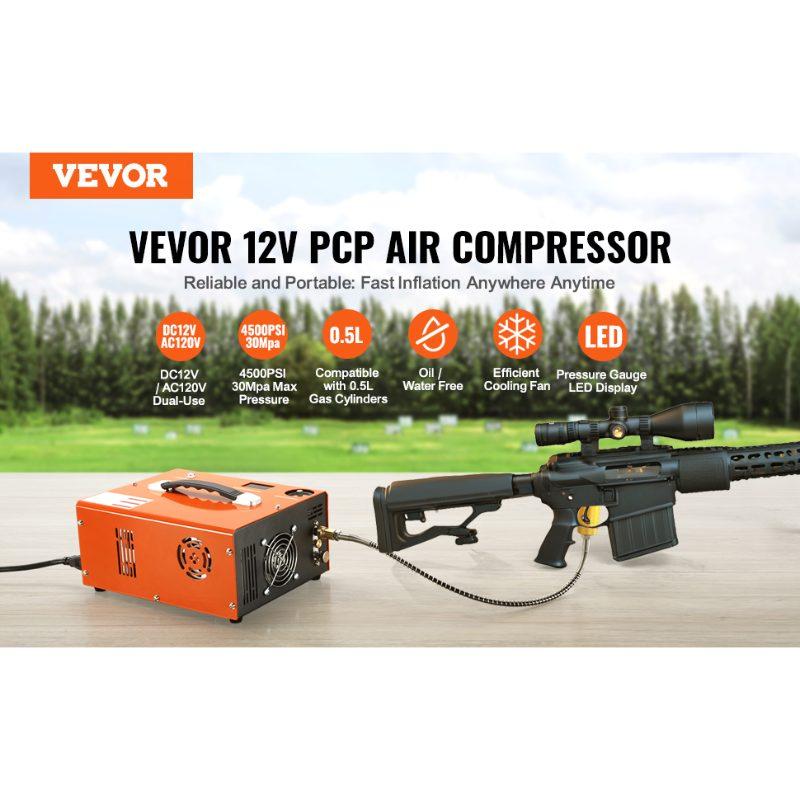VEVOR PCP Air Compressor, 4500PSI Portable PCP Airgun Compressor with Built-in Converter, Auto-Stop DC12V/AC120V Oil Water-Free Paintball Tank Compressor Pump for Air Rifle, Scuba Diving Bottle