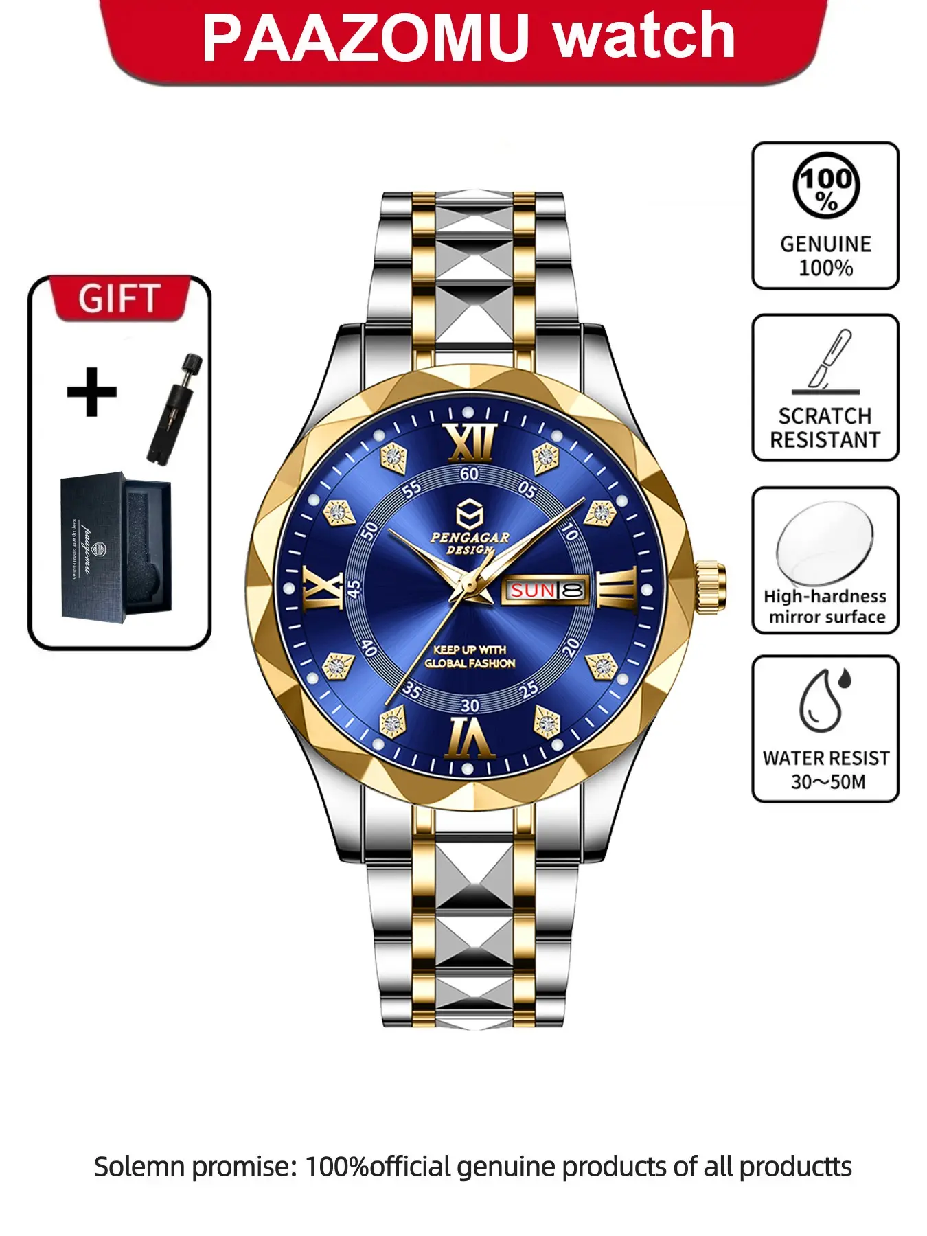 Quartz Casual Men's Watch, Stainless Steel Strap, Fashion Rhinestone, Waterproof, Night Light, Daily Use, Includes Watch Box and Winder