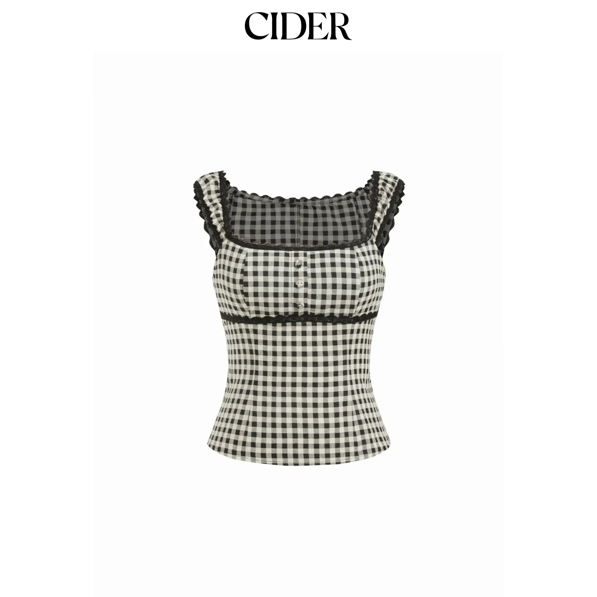 Cider Gingham Square Neck Contrasting Lace Blouse SummerWins SummerFinds