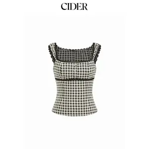 Cider Gingham Square Neck Contrasting Lace Blouse SummerWins Dealsforyou