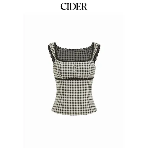 Cider Gingham Square Neck Contrasting Lace Blouse