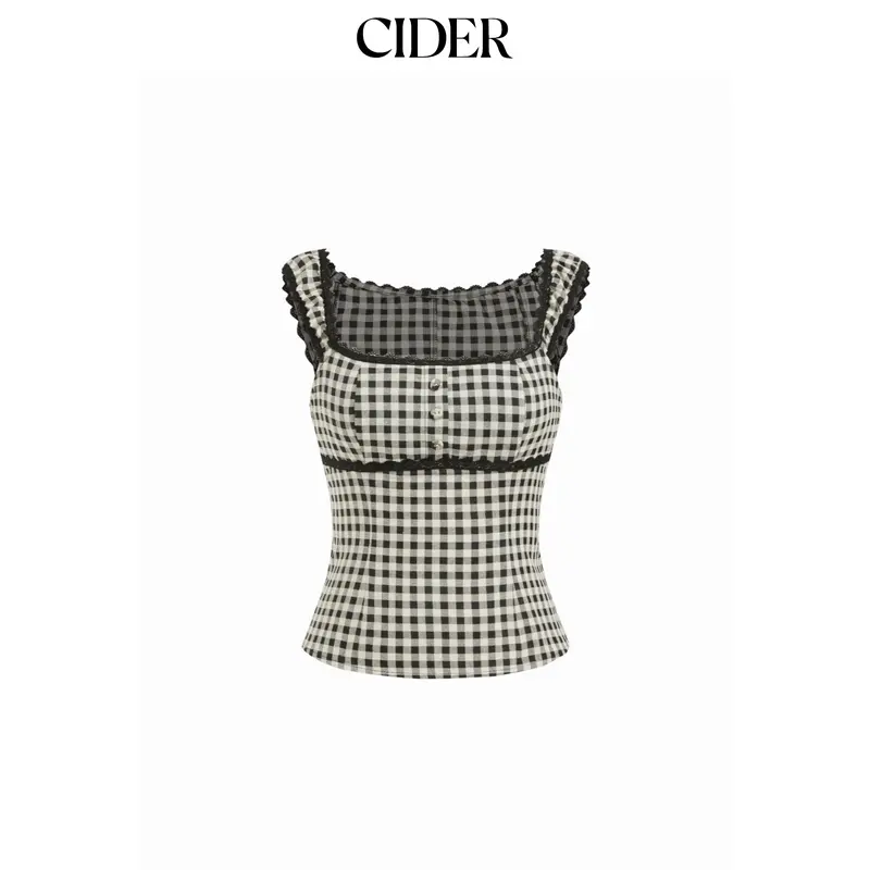 Cider Gingham Square Neck Contrasting Lace Blouse