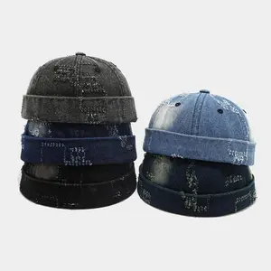Vintage Destroyed Denim Brimless Docker Hat, Heavy Ripped Grunge Cuff Cap, Y2K Streetwear Beanie for Men & Women