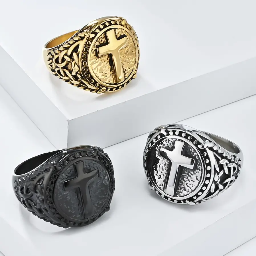 Men's 3-Tone Gold-Silver-Black Stainless Steel Jewelry Celtic Knot Cross Motif Signet Ring, Unisex Vintage Wide Band, Waterproof Corrosion-Resistant, Ideal Gift Choice