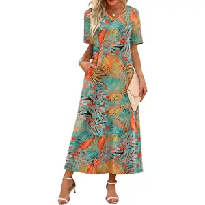 Women's Maxi Dresses V Neck Vacation Beach Sundresses Floral Travel Summer Dress