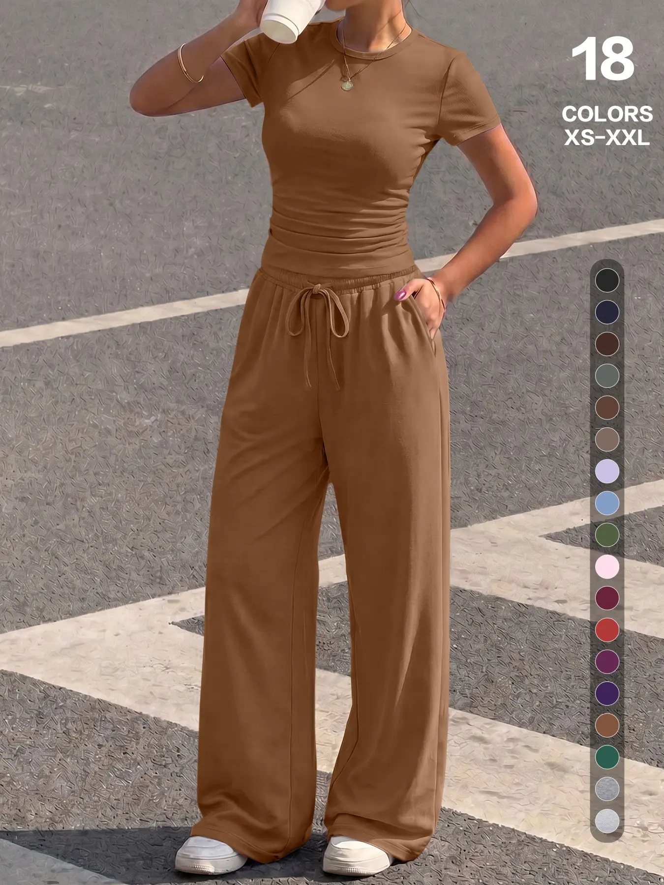 'spice Girl' Style Short-Sleeve Ruched Cropped T-Shirt & Straight-Leg Pants Set, Casual Vacation Womenswear for Women, Elastic Waist, Figure-Flattering