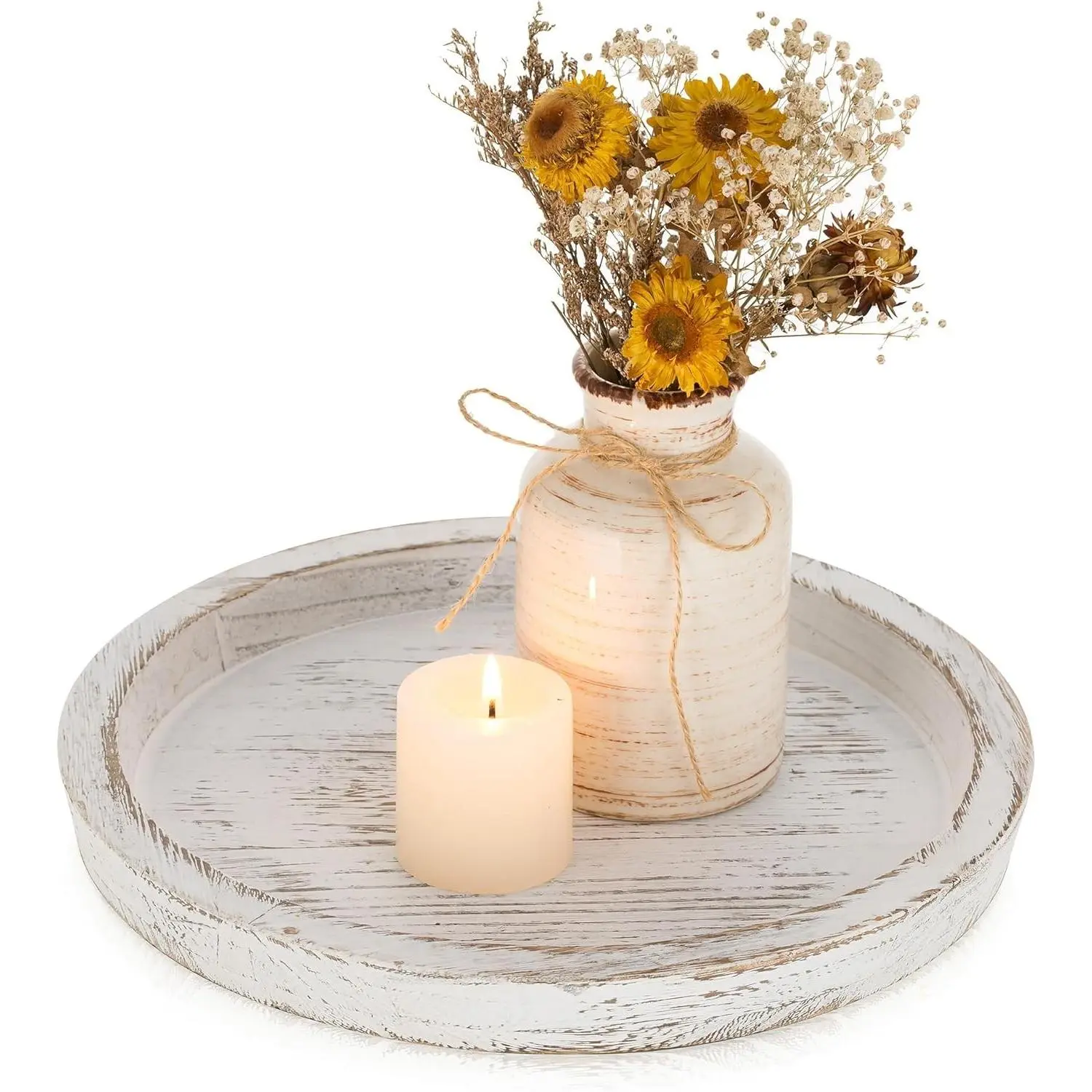 Rustic Round Wooden Pillar Candle Holder Tray, Distressed White Decorative Tray for Coffee Table Farmhouse Kitchen Countertop Organizer, Home Decor Wedding Centerpiece