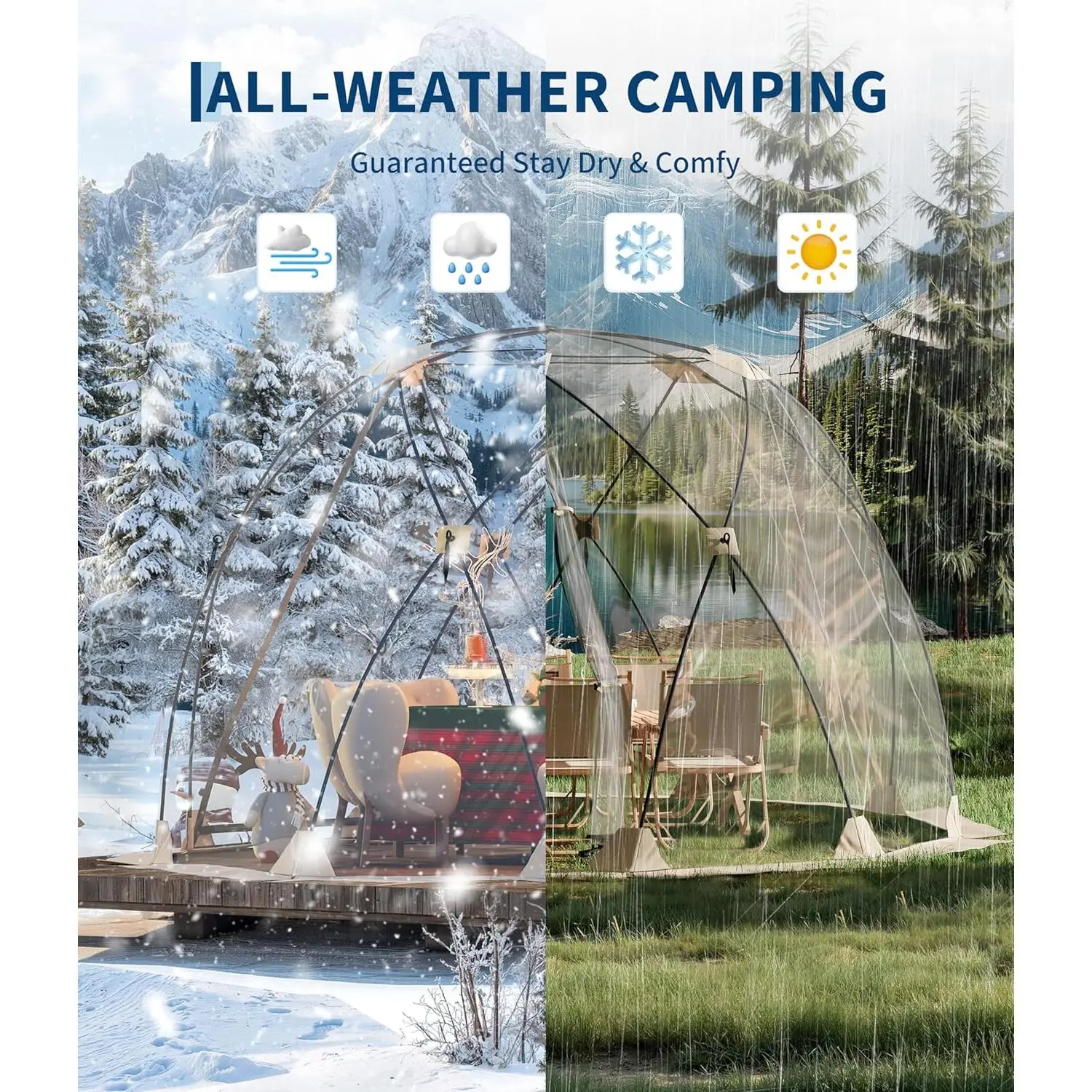 Pop Up Bubble Dome Tent for Outdoor Camping - Transparent All-Weather Shelter with 540° Panoramic Igloo Design - Fits 4-8 People - Portable Tent for Patio, Backyard, Sports Events, Fishing, Garden Use - Sun & Rain Protection