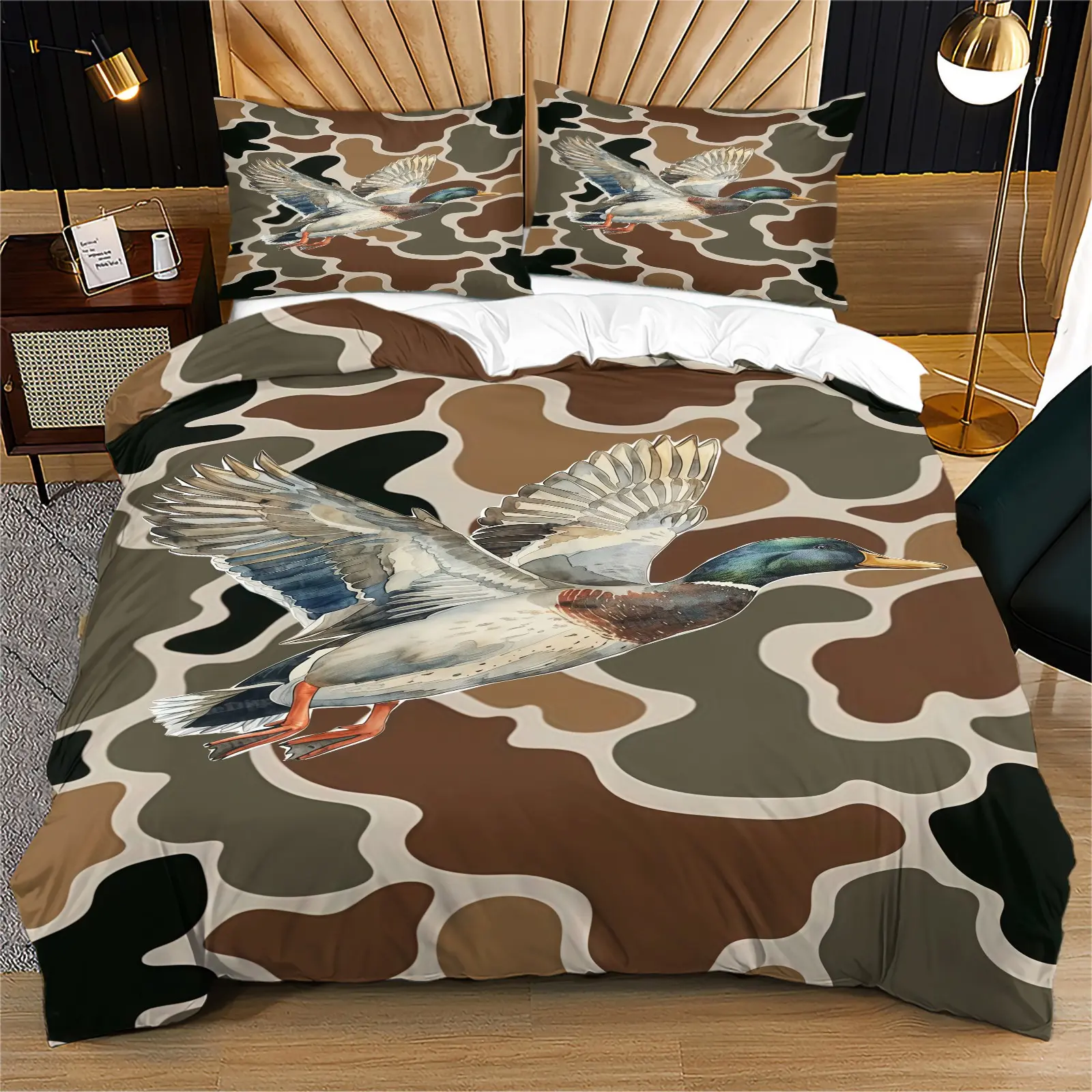 Camouflage Mallard Pattern Duvet Cover Set, Soft And Comfortable Bedding Set (1 Duvet Cover + 1/2 Pillowcase, No Filler), Suitable For Teenagers, Adults, Guest Rooms, Dormitories, And Master Bedroom Scenarios