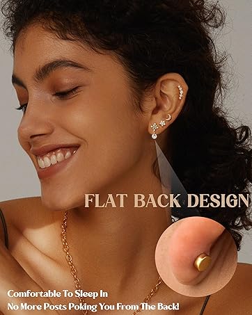 MILACOLATO 16 Gauge Cartilage Earrings Helix Earrings for Women Stainless Steel Helix Piercing Jewelry Leaf Butterfly CZ Studs Flat Back Cartilage Earrings Set 9Pcs