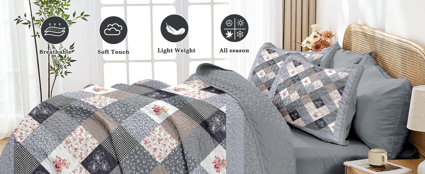 Patchwork Set Queen Size, Floral Rustic 3 Pcs Soft Bed Cover Bedding Set, Boho Flowers Lightweight Bedspread Coverlet with 2 Pillow Shams for All Season