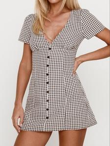women's plaid print button decor v neck shortsleeve dress, casual trendy boho fashion short sleeve dress for daily outdoor wear, ladies clothes for all seasons, womenswear