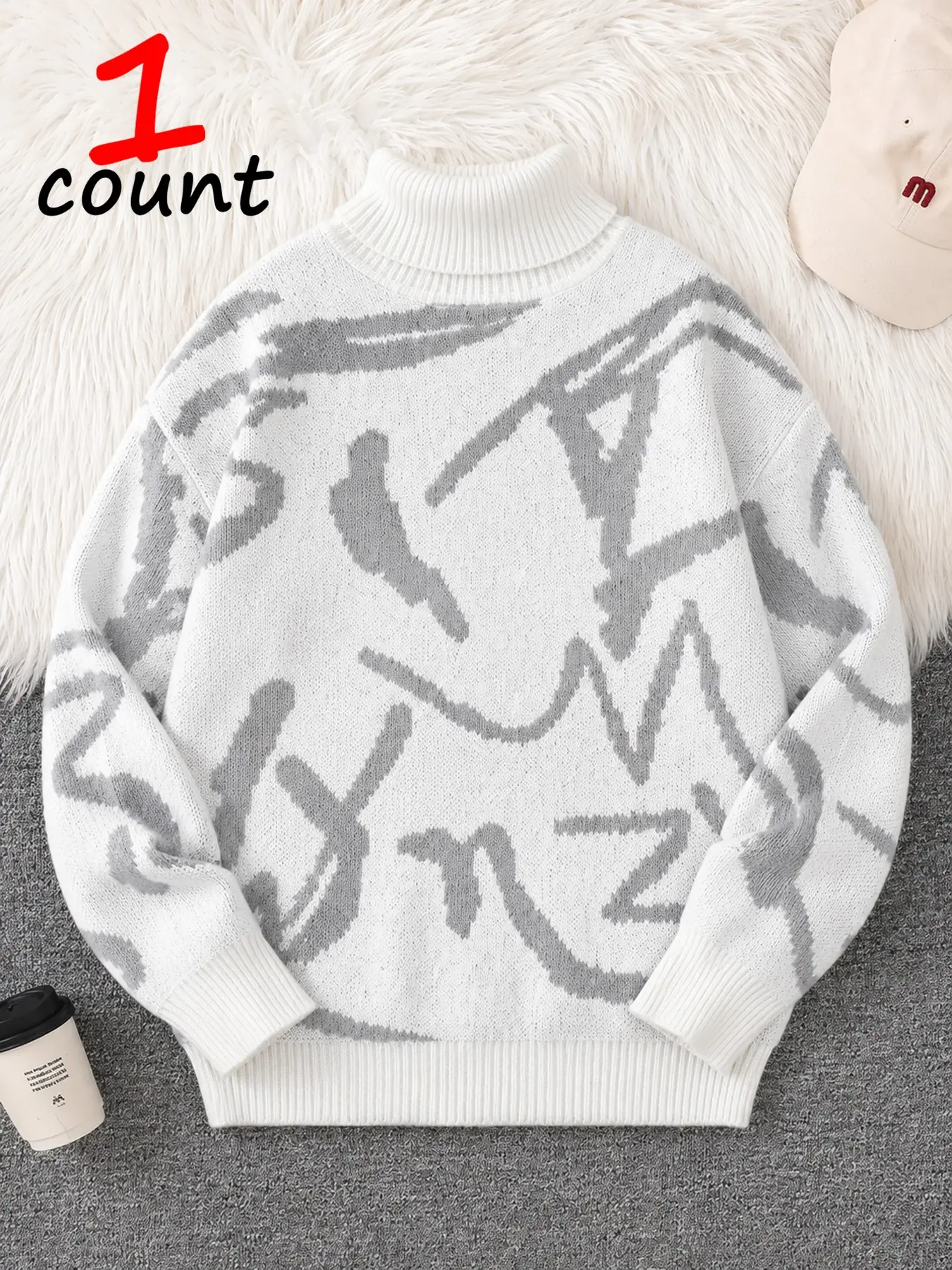 Men's Abstract Graffiti Print Roll Neck Knit Jumper, Oversized Turtleneck Sweater, Soft Thick Streetwear for Fall Winter
