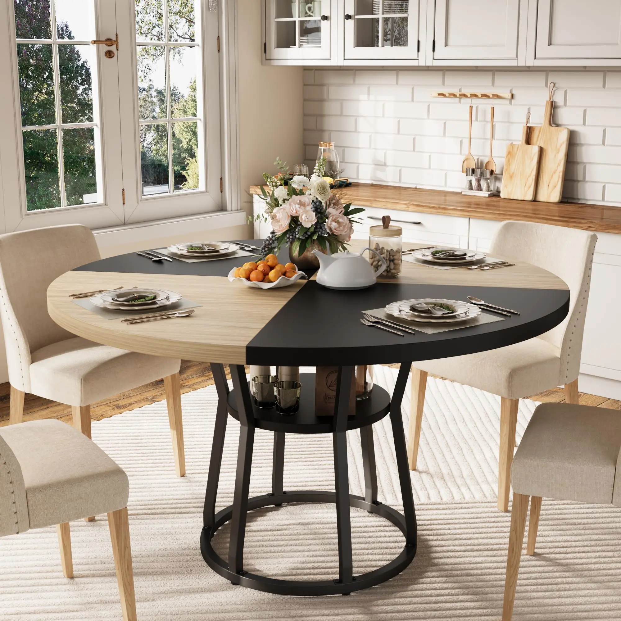🍽️ 47.2" Round Farmhouse Dining Table for 4-6 – Storage Shelf & Cross Base, Space-Saving Circle Table for Apartments & Dining Nook! ✨🏡