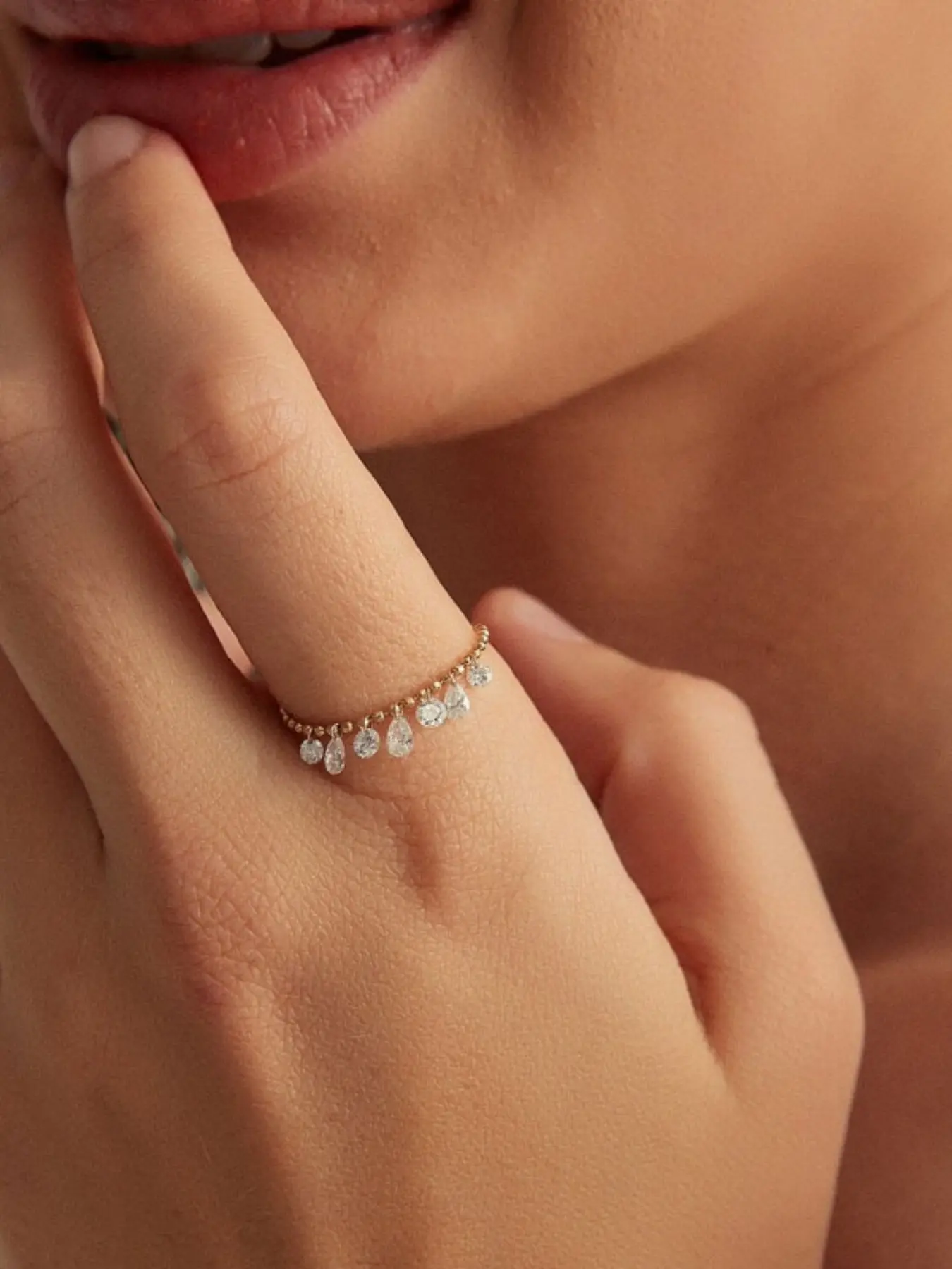 Women's  Ring, Shiny 14K Gold Tiny Bead Thin Band Adjustable Open Ring Decorated Multi Teardrop & Round Clear CZ Floating Dangle Fringe Quiet Luxury Neutral Lightweight Stackable Minimal Delicate Wedding Bridal Statement Finger Jewelry For Women
