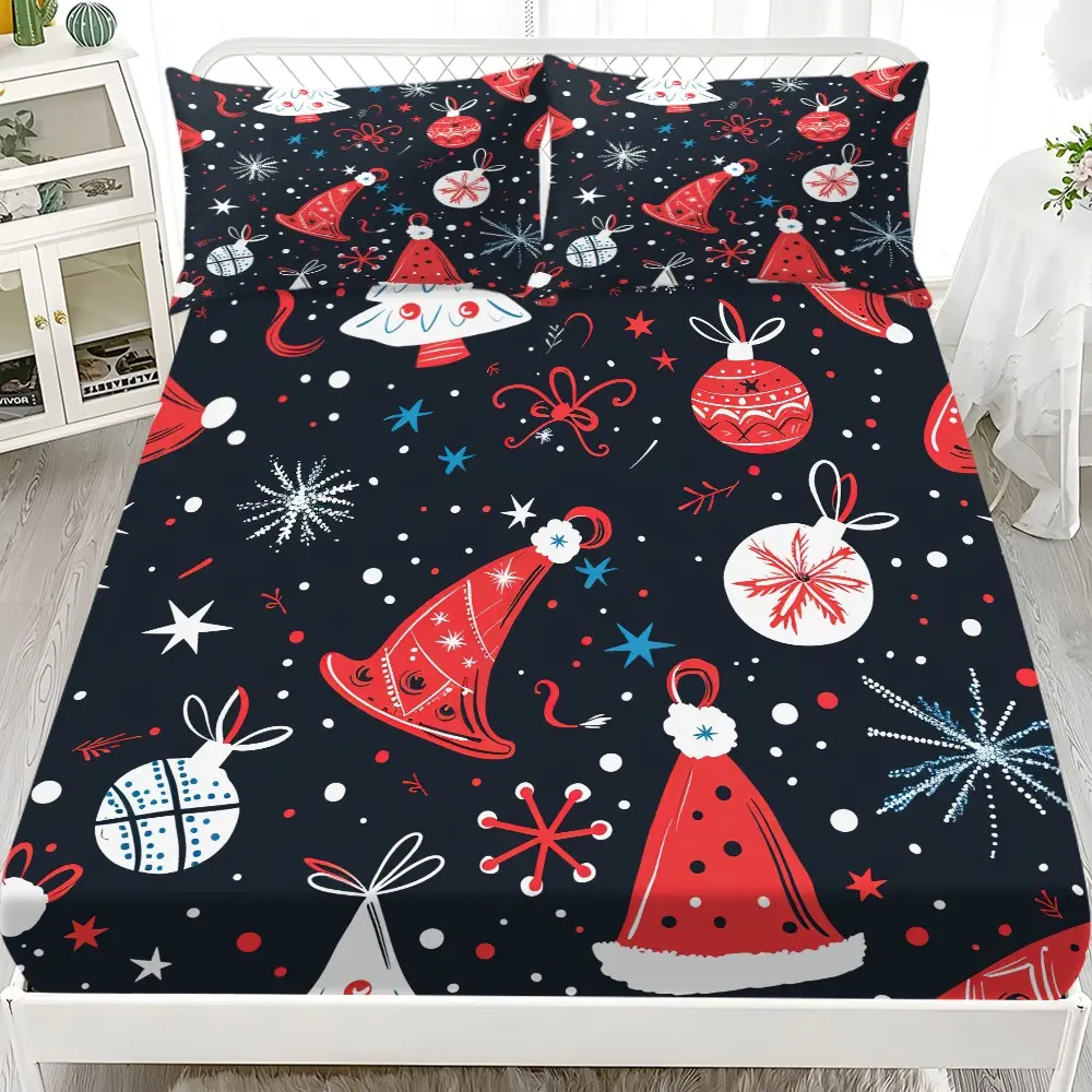 Christmas Cartoon Print Bed Sheet Set (1 Bed Sheet + 2 Pillowcases), Base Santa Hat, Colorful Balls, Snowflakes, Fits Twin/full/queen/king
