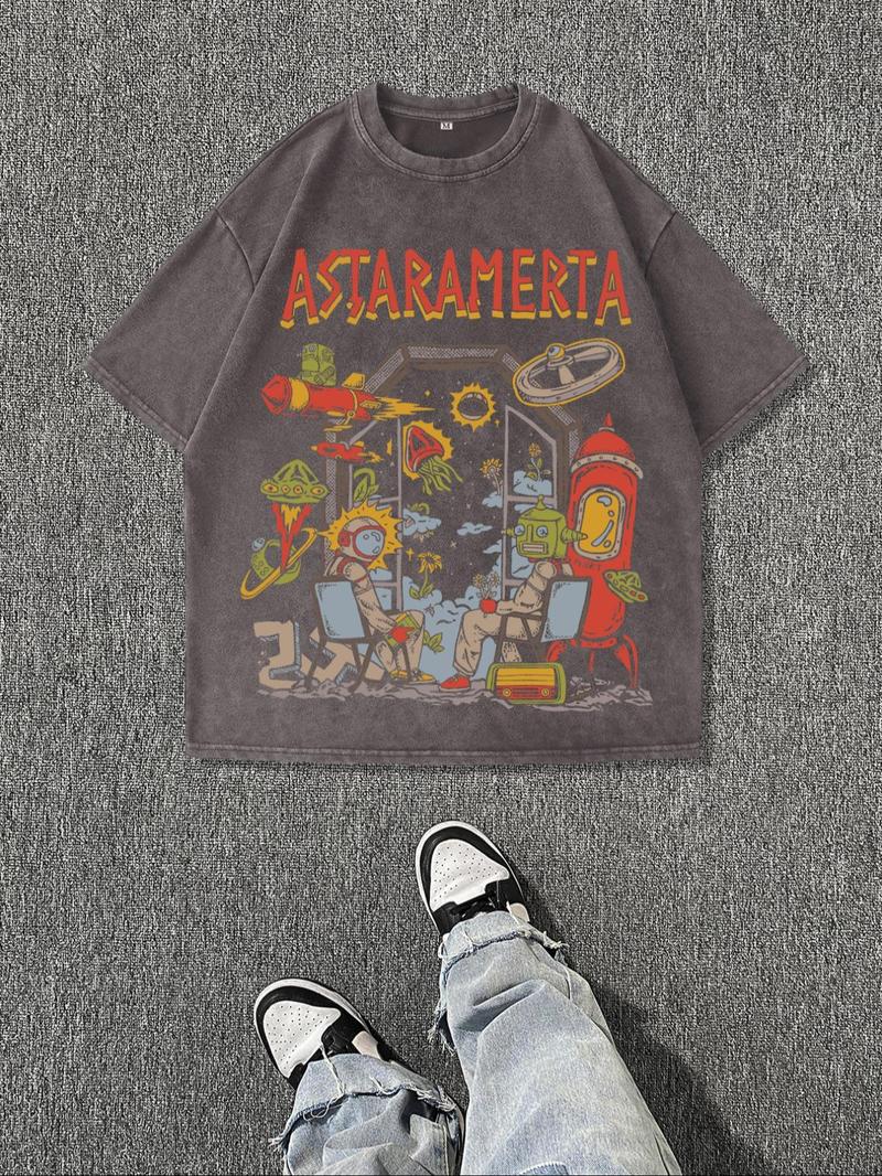 Men's Cartoon Astronaut & Letter Print Short Sleeve T-Shirt, Regular Fit Casual Retro Round Neck Tee for Summer, Men's Top for Daily Wear, Cotton