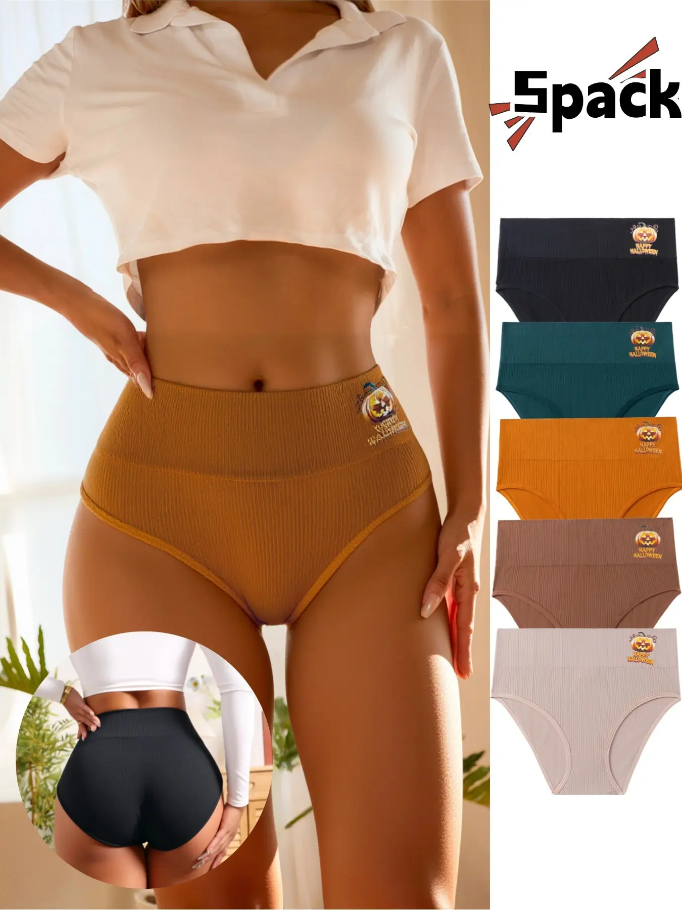 Halloween Pumpkin Print Women's Triangle Briefs Panties, Casual High-Waisted Breathable Underwear, 5-Pack, Perfect for Holiday Parties