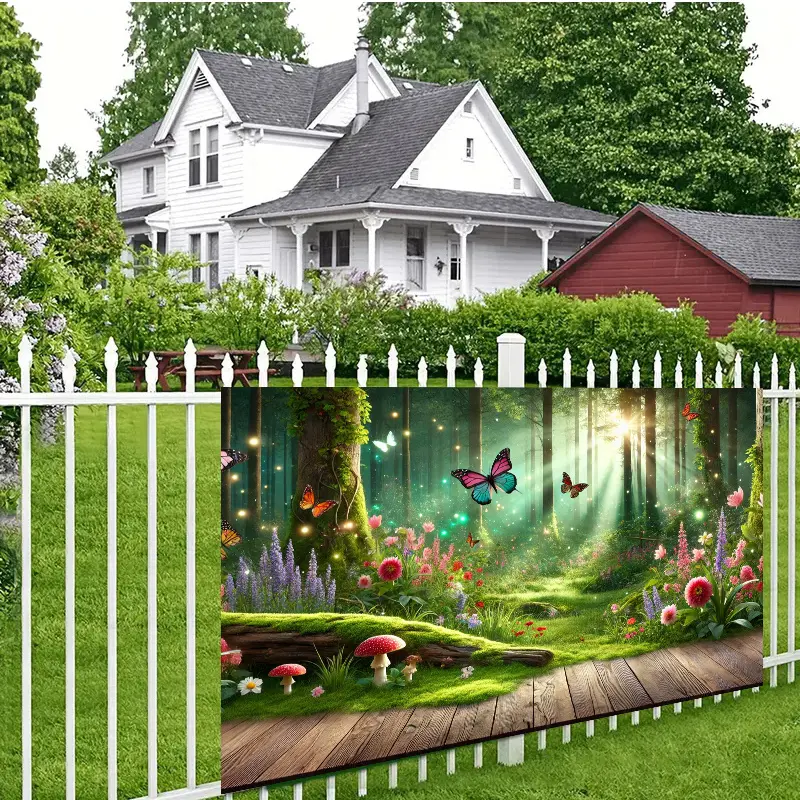 1pc Backdrop Banner 1pc, Fantasy forest with butterflies fluttering Background Cloth Wall Decor, Polyester Fabric Wall Covering, For Living Room Bedroom Office Home Outdoor Decor/ Party Deco, Holiday Gift, No Electricity Required
