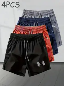 4-Pack Sporty Shorts for Fitness Training, Classic Ua Logo Print, Lightweight Quick-Dry Fabric, Unisex, Slim-Fit, All Seasons