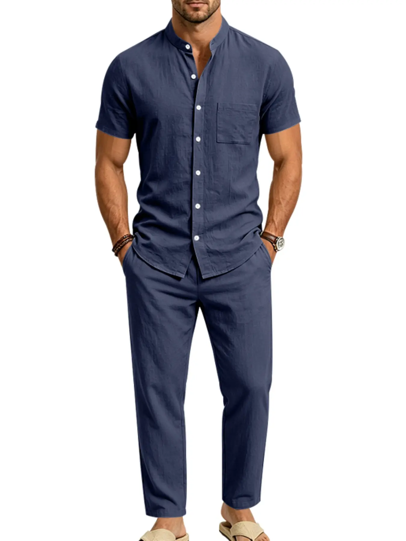 Men's Linen Two-Piece Set, Short Sleeve Stand Collar Shirt + Drawstring Pants, Breathable Lightweight Summer, Casual Beach Wear