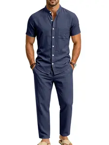 Men's Linen Two-Piece Set, Short Sleeve Stand Collar Shirt + Drawstring Pants, Breathable Lightweight Summer, Casual Beach Wear