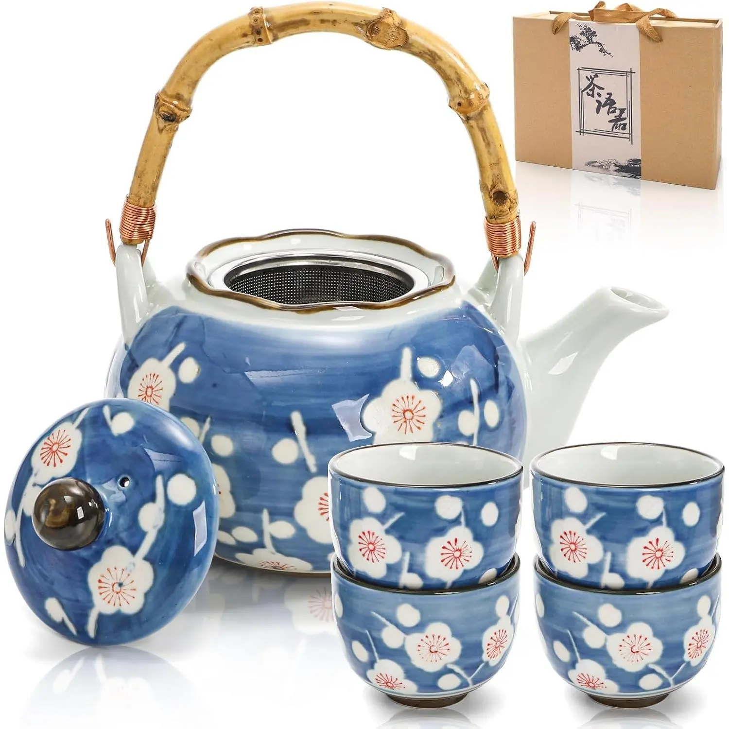 Japanese Tea Set Ceramic Floral Tea Pot and 4 Pieces Cups with Infuser Bamboo Handle Traditional Bone China Teapot Kit Gift for Coffee Water Home Office