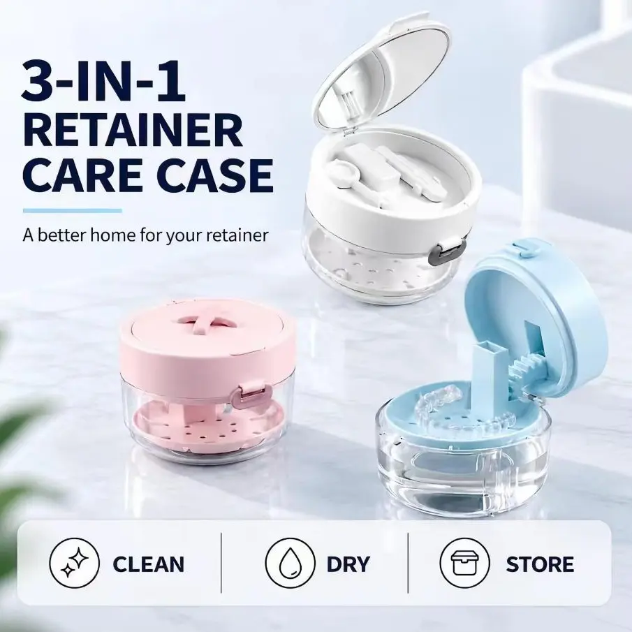 Three-In-One Retainer Box with Mirror, Cleaning Brush, and Removal Tool, Leak-Proof Denture Soaking Cup with Filter Basket, Portable Transparent Orthodontic Case for Invisalign
