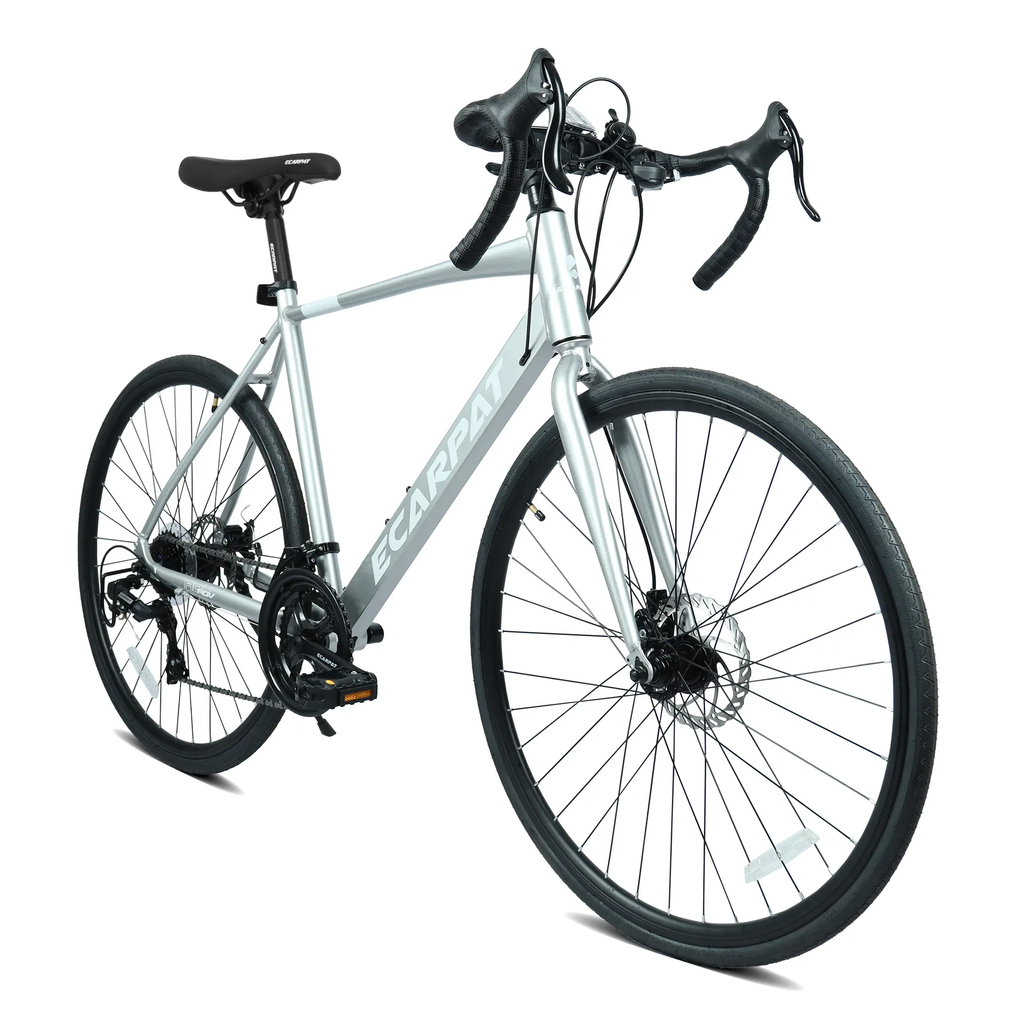 Nokaa 700Cx28 Road Bike Lightweight Aluminum Frame Disc Brakes 16-Speed Bicycle for Men Women Commuter Fitness Cycling Silver Anti-Slip Tires Durable Performance Fast Acceleration High-Intensity Riding Outdoor Sport