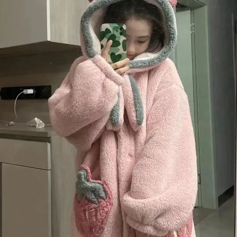 Strawberry Robe Women Sleepwear Fleece One Piece Pajama Winter Nightdress Night Wears Warm Nightgown Hooded Sleeping Homewear